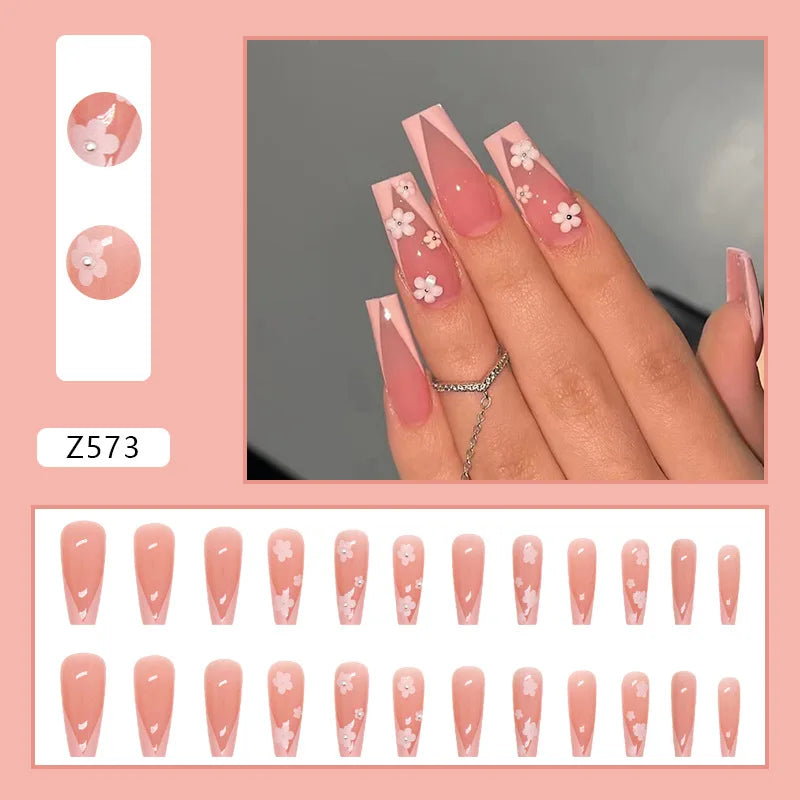 24pcs Artifical Nails Fake Wearable Nail Tips With Small Diamonds