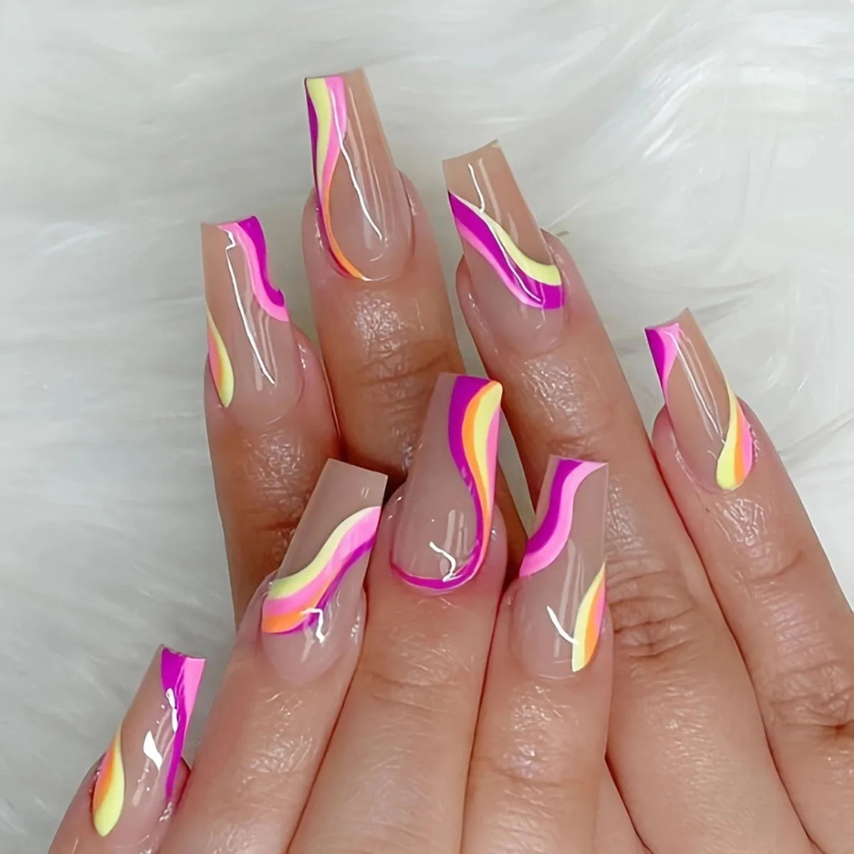 Fashion New24Pcs/Set Long Ballet French Colorful Striped Printed Full Coverage Press on Nail Art