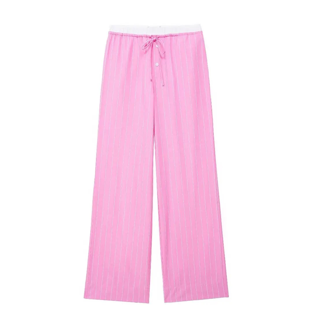 Fashion Pink Stripe Lapel Pocket Button Shirt+High Waist Loose Drawstring Wide Leg Pants Traf