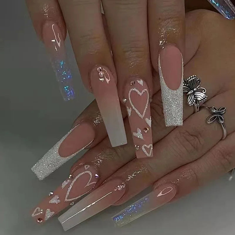 24pcs/Box Long T Handmade Valentine's Day French Flame Wave Love With Diamond False Nail