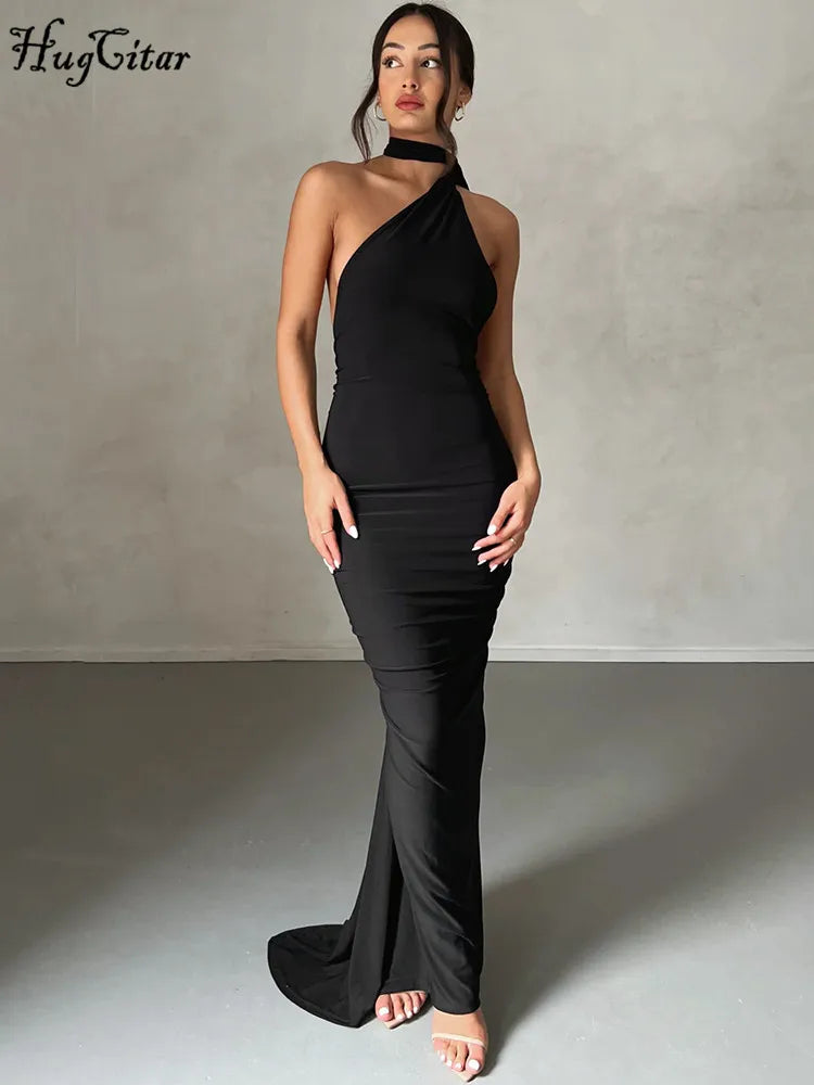 One Shoulder Backless Adjustable Scarf Loop Ruched Sexy Maxi Dress