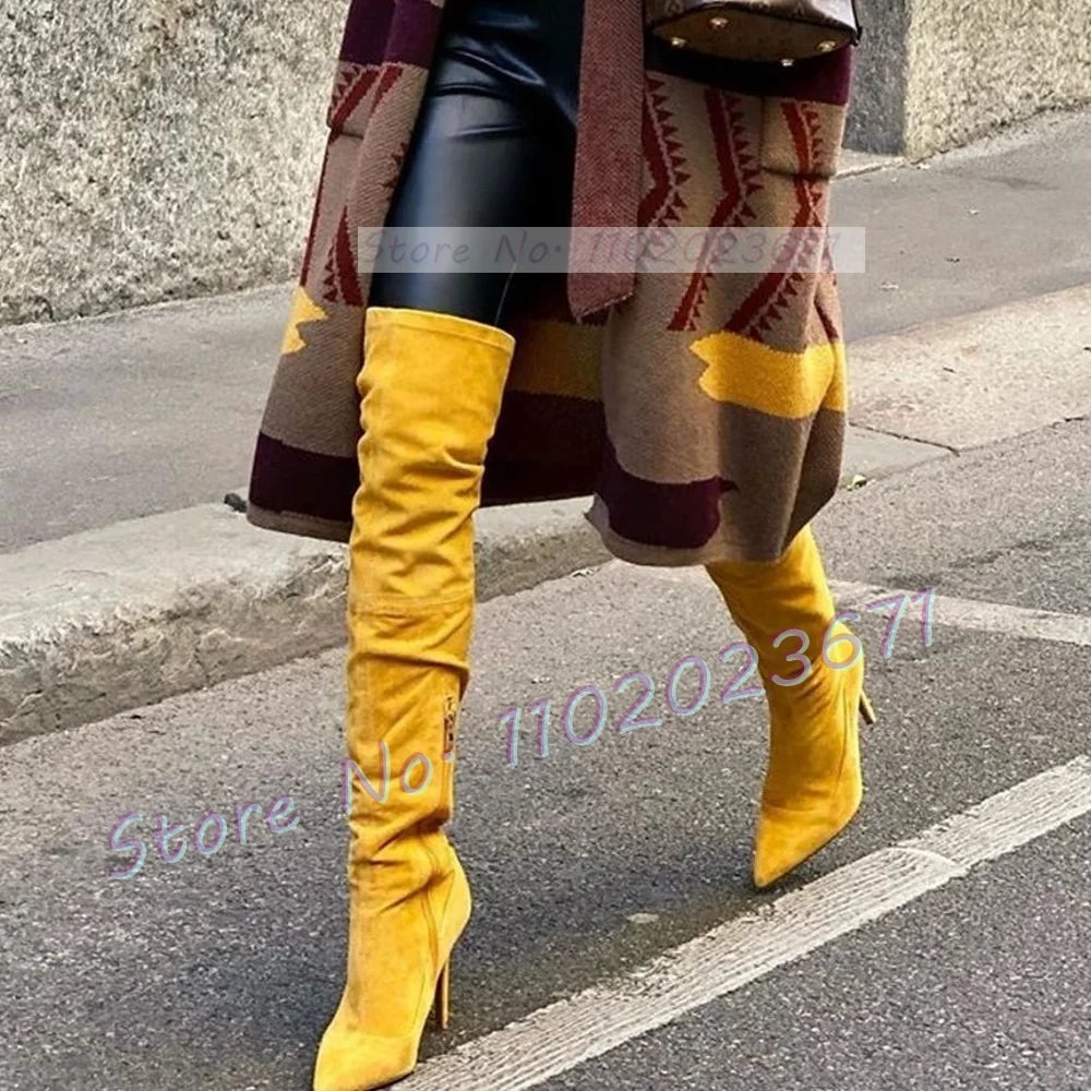 Suede Splicing Vintage Streetwear Pointed Toe Over Knee Boots