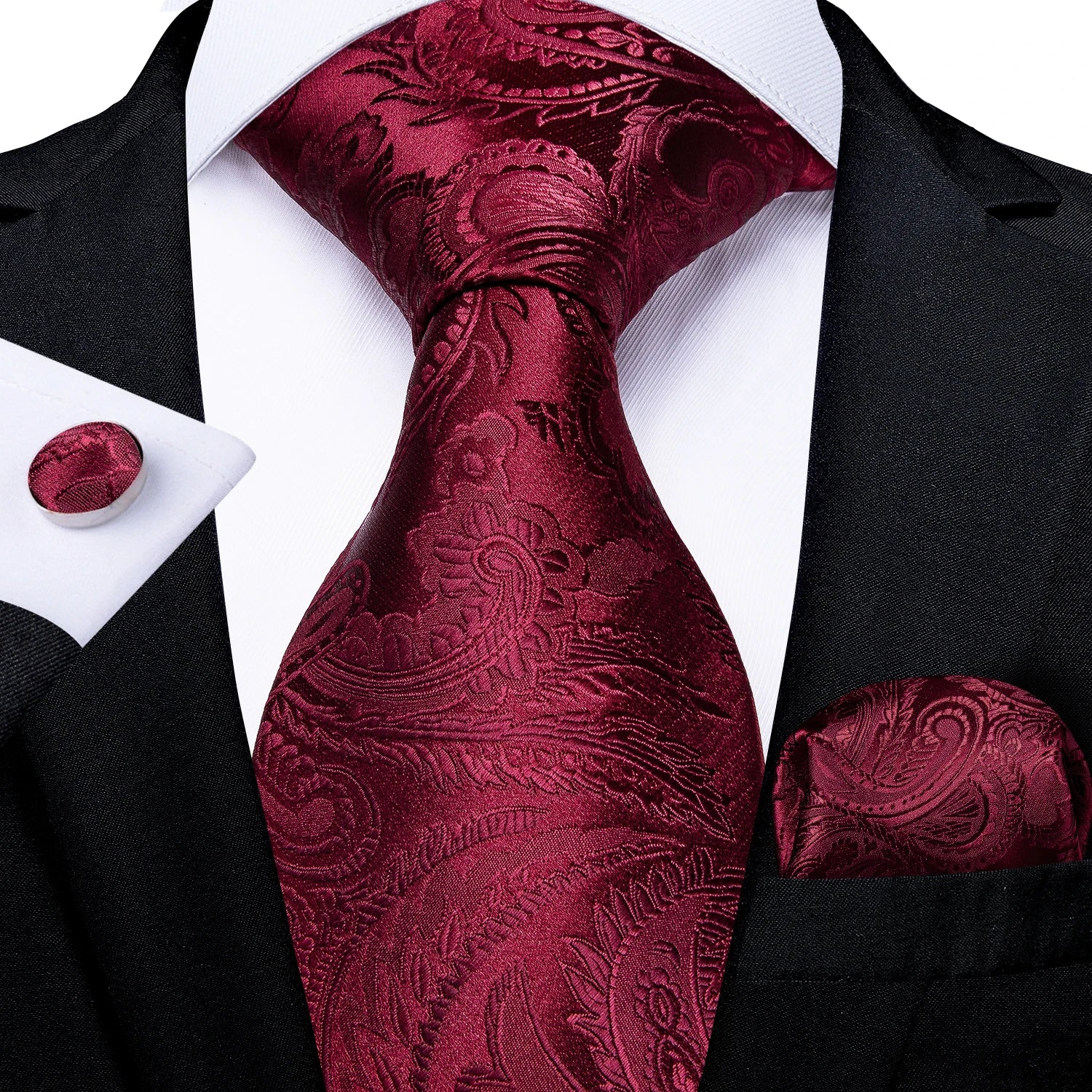 Red  Solid Striped Paisley Neckties Hanky Cufflinks Set For Men