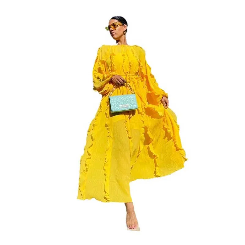 Autumn Long SleeveSexy Beautiful Yellow  Lace-up Chic Elegant Tiered Maxi Dress