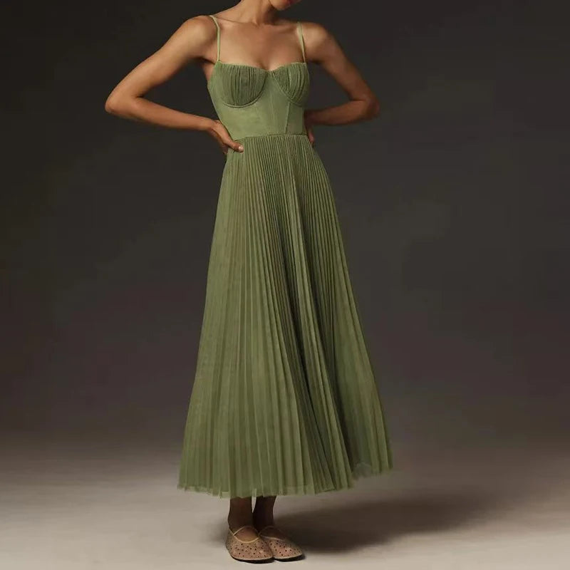 New Spring Summer Solid Pleated Strapless Hollow A-Line Long Dress