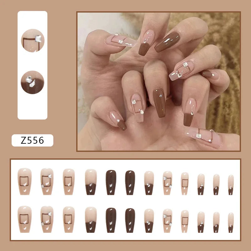 24pcs Artifical Nails Fake Wearable Nail Tips With Small Diamonds