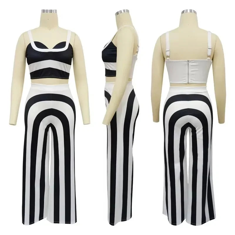 Striped Print  Crop Top and Wide Leg Pants 2 Piece Set