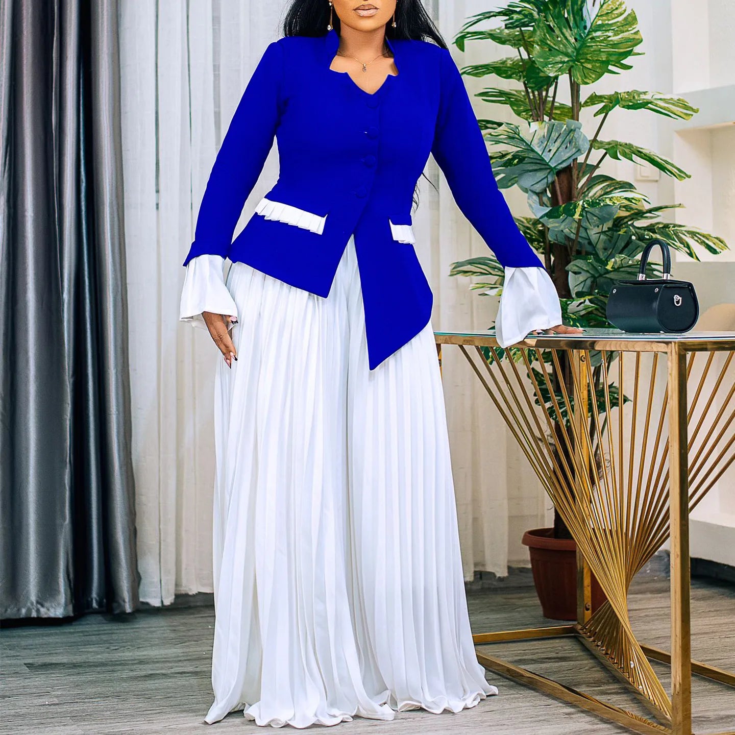 Full Flare Sleeve Button Blazer Shirt + Pleated Long Pants Suit