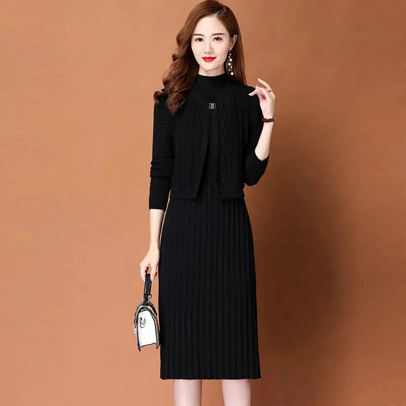 2 Piece Set Cropped Vest + Korean Midi Winter Warm Sweater Dresses