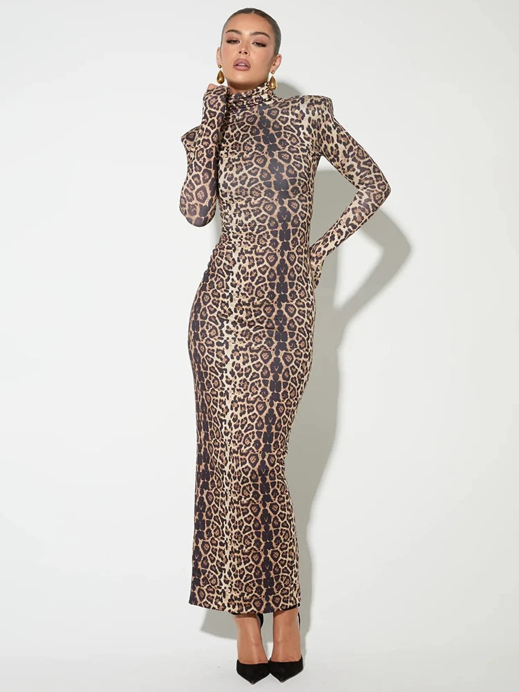 Autumn Winter Fashion Elegant Turtleneck Leopard Print Long Sleeve Sexy Maxi Dress