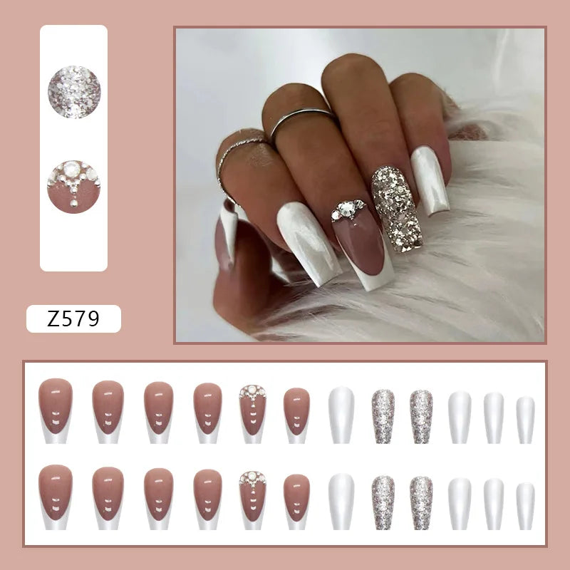 24pcs Artifical Nails Fake Wearable Nail Tips With Small Diamonds