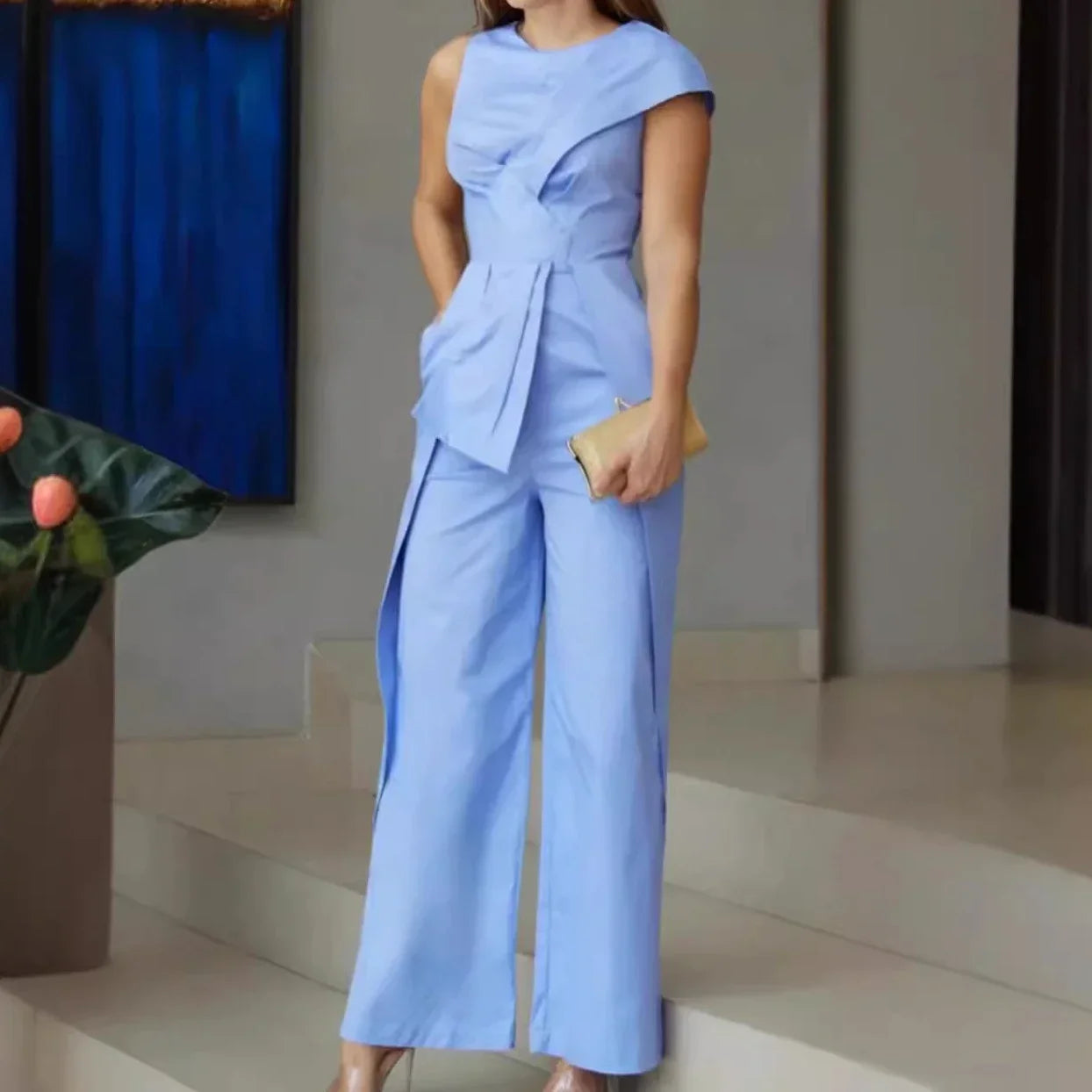 One Piece Blue Irregularity Elegant Work Pants Sleeveless  Wide Leg Jumpsuit