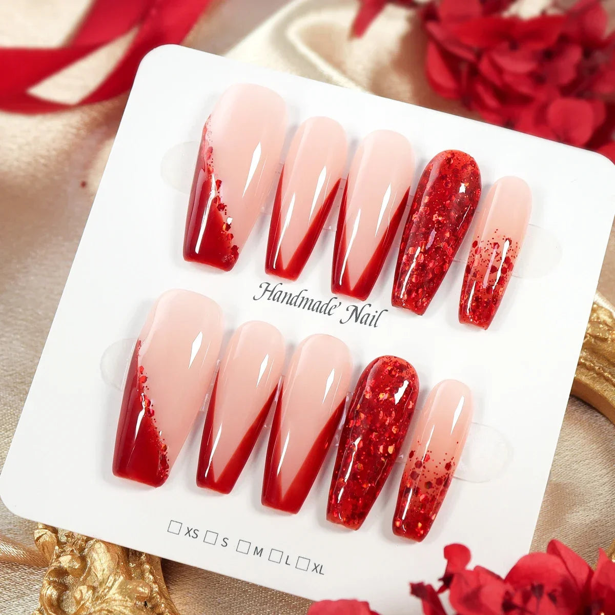 10pcs Christmas Red Glossy Handmade Long Press on Fake Nail