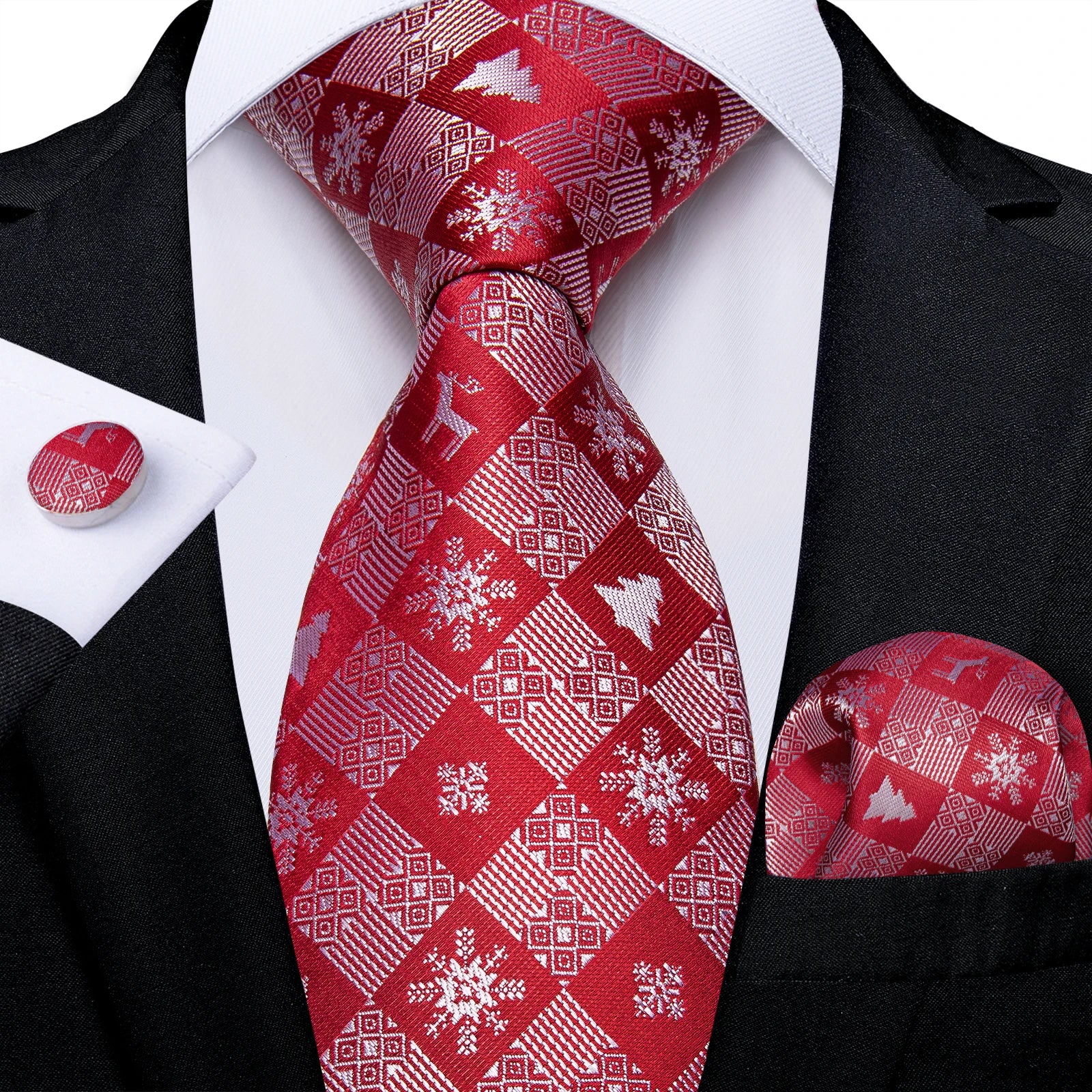 Red  Solid Striped Paisley Neckties Hanky Cufflinks Set For Men