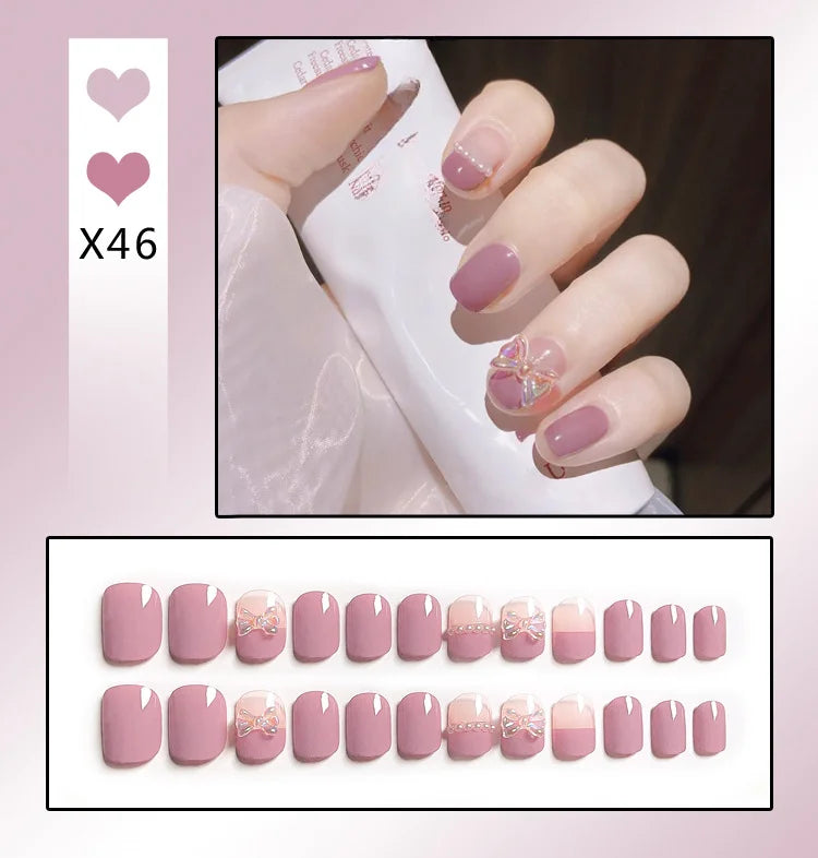 24Pcs French With Drill Short Fake Nails Press On Nail Tips