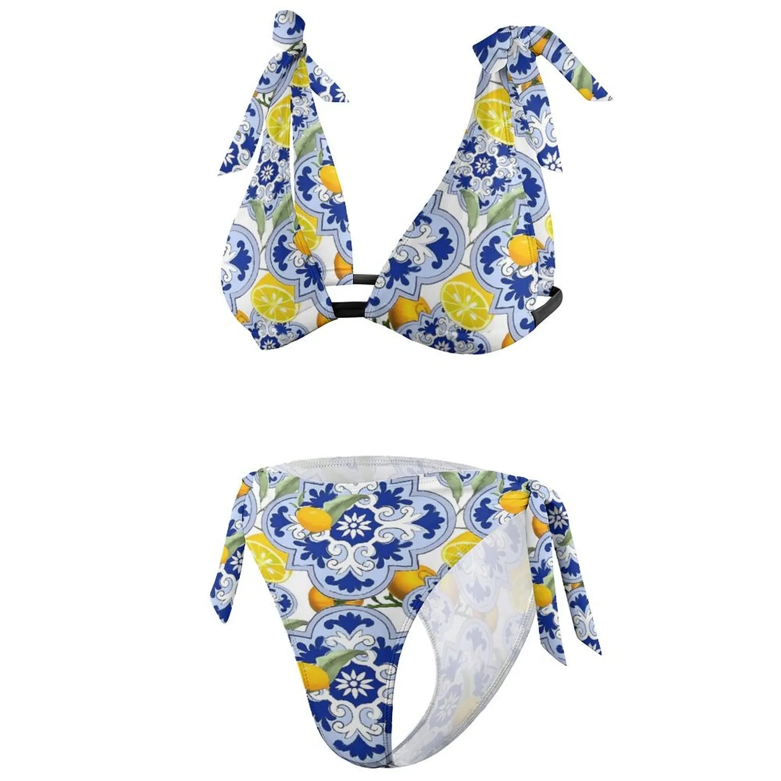 Sexy Vintage Blue Flower Bikini Set Lemon Fruit Print Bikini