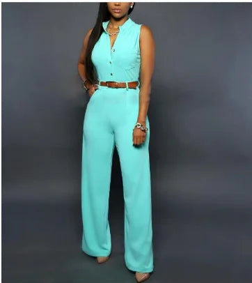 Sleeveless Single Breasted Button High Waist Wide Leg Jumpsuit