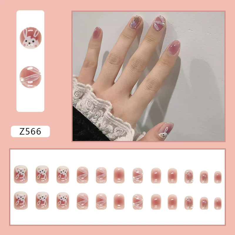 24pcs Artifical Nails Fake Wearable Nail Tips With Small Diamonds