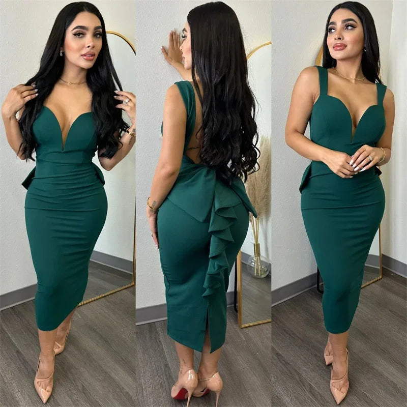 Sexy Plunging V-neck Backless Bowknot Ruffles Bodycon Midi Dresses