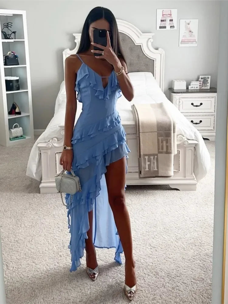 Sexy Ruffles Spaghetti Strap V Neck Irregular Hem Maxi Dress