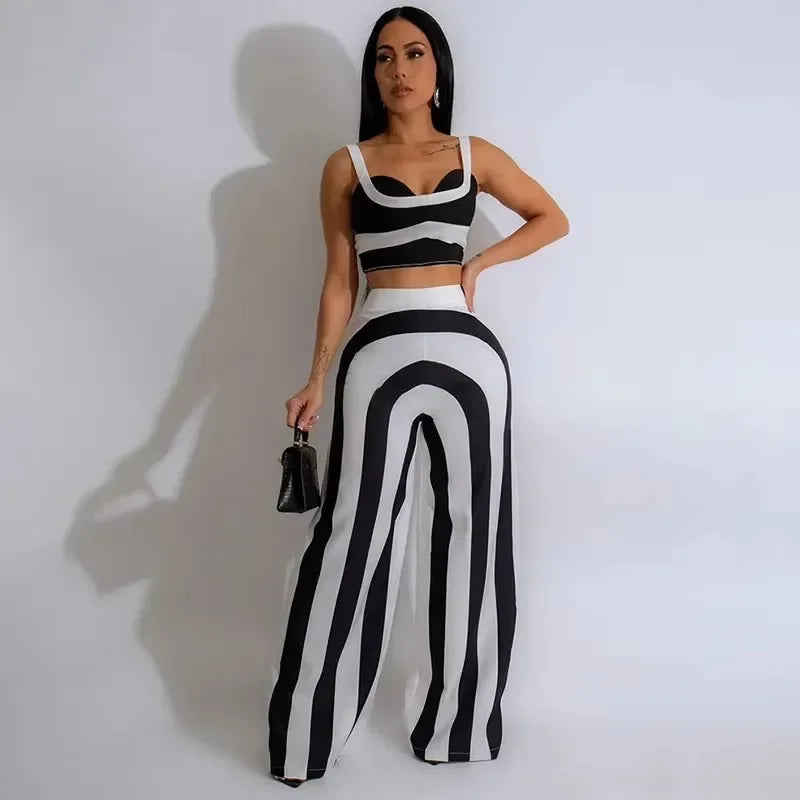 Striped Print  Crop Top and Wide Leg Pants 2 Piece Set