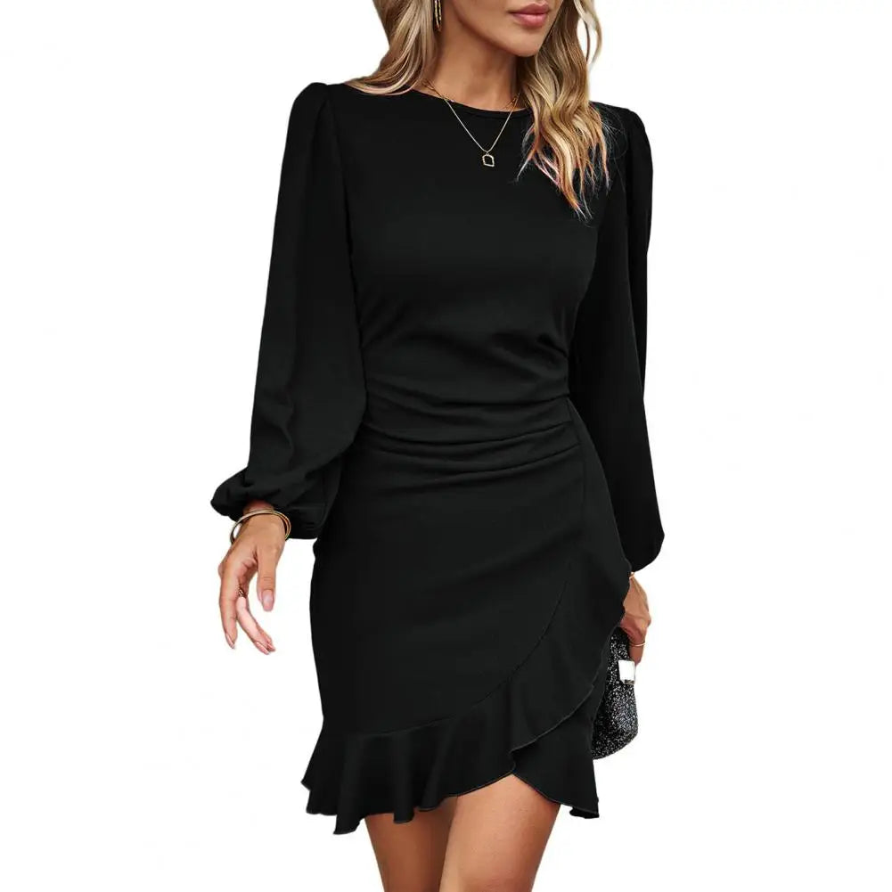 Autumn Winter  Flared Long Sleeve Crew Neck Solid Color Irregular Ruffle Hem Casual Short Dress