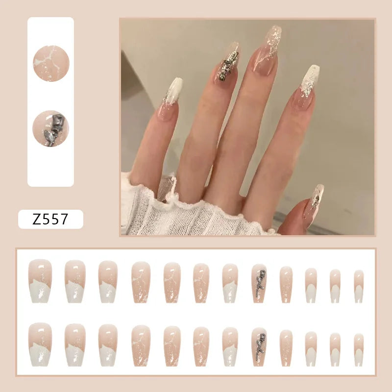 24pcs Artifical Nails Fake Wearable Nail Tips With Small Diamonds