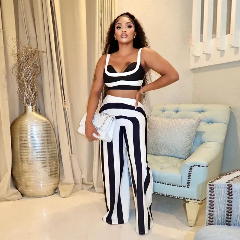 Striped Print  Crop Top and Wide Leg Pants 2 Piece Set