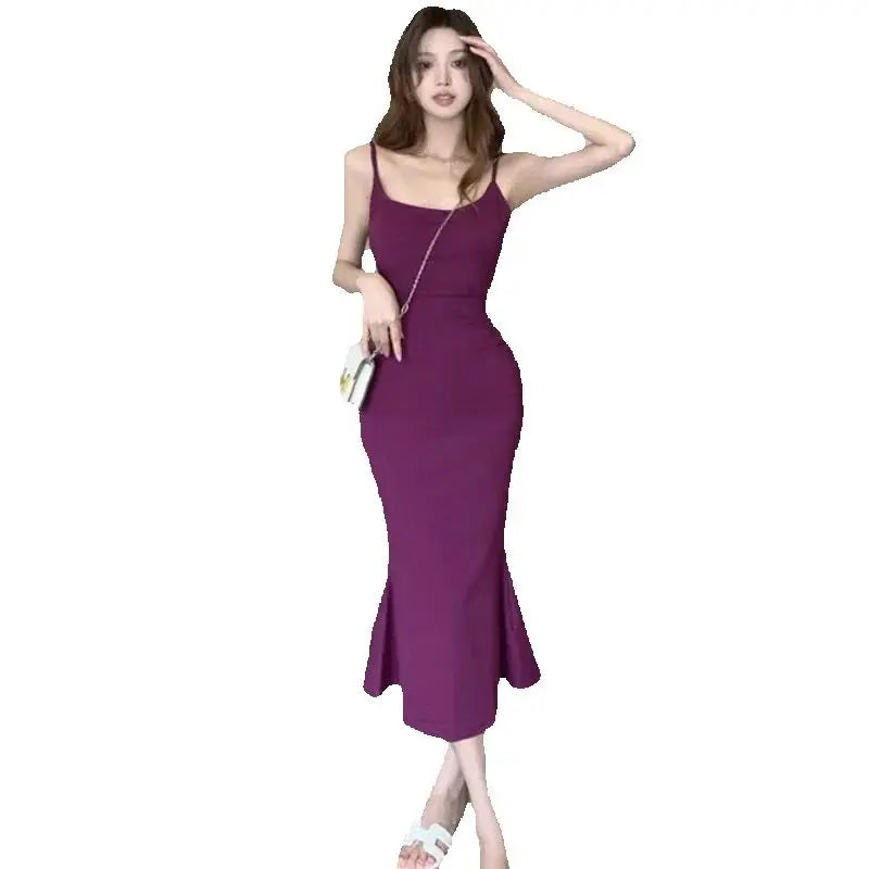 Summer Sexy Purple Streetwear Sleeveless Backless Solid Spaghetti Strap Dresses