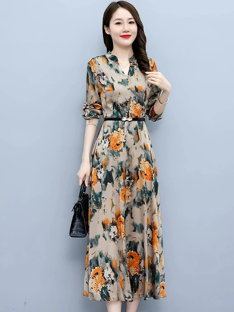 2024 Spring Autumn Floral Acetate Satin Casual Long Dress