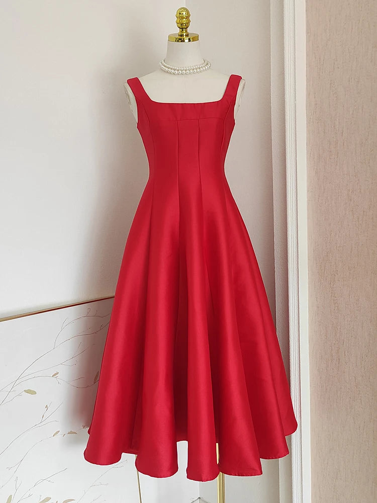 Hepburn Style Big Hem Drape Midi Long Pleated Strap Dress