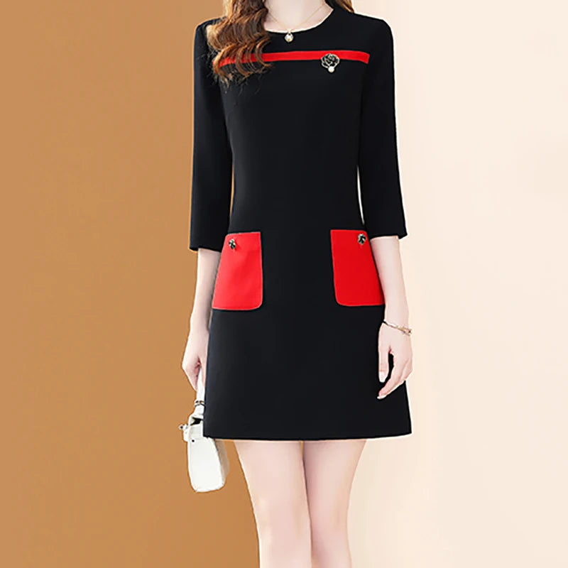 Elegant Patchwork Colour O-neck Pocket Office A-line Dresses