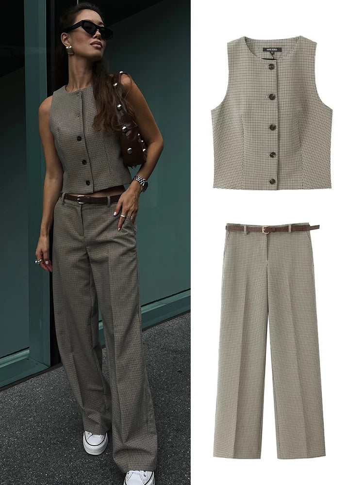 Autumn O-Neck Sleeveless Single Breasted Top+High Waist Belt Button Zipper Trouser