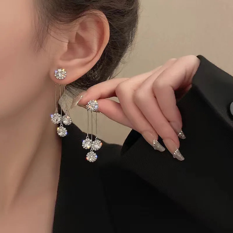 Luxurious Round Rhinestone Tassel Dangle Stud Earrings