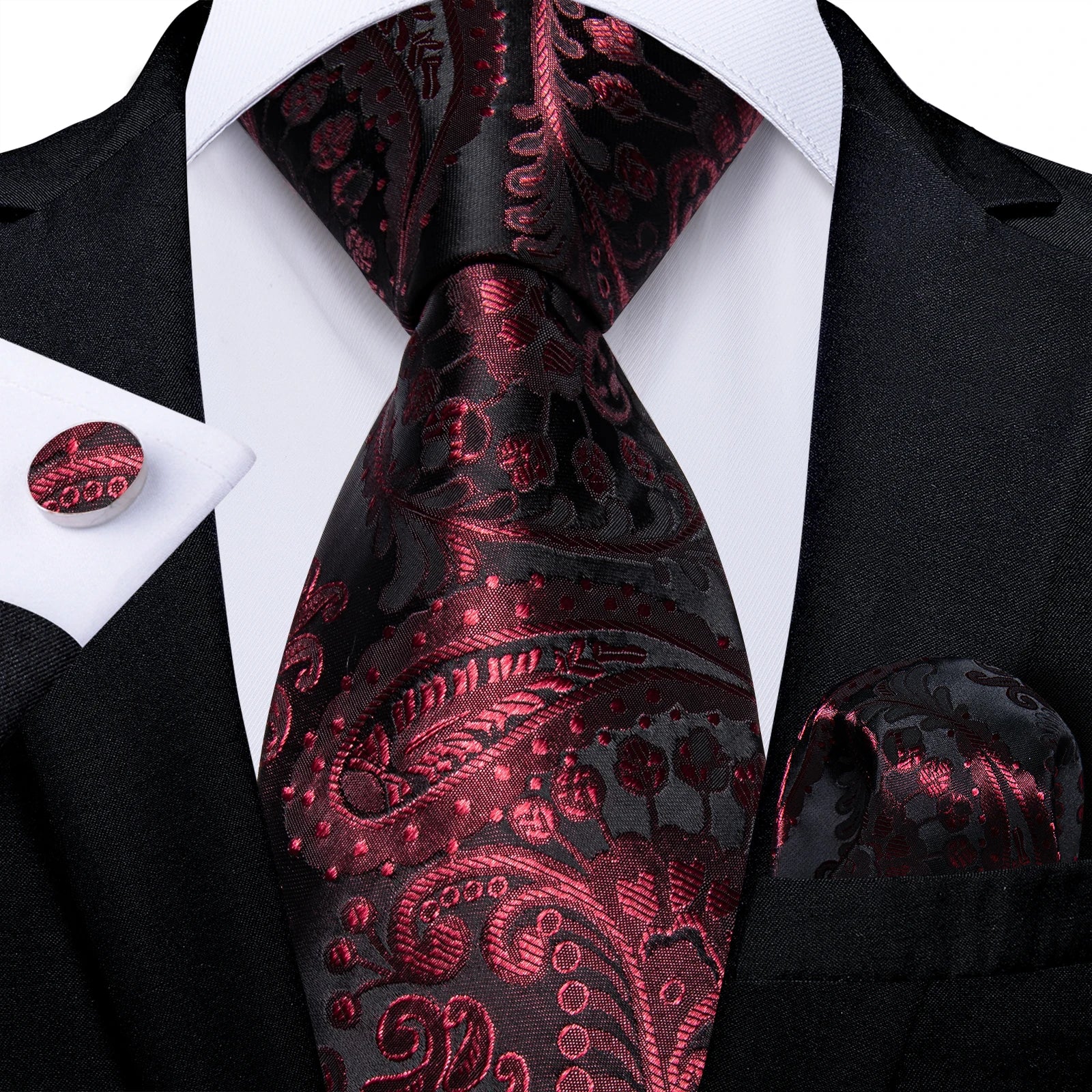 Red  Solid Striped Paisley Neckties Hanky Cufflinks Set For Men