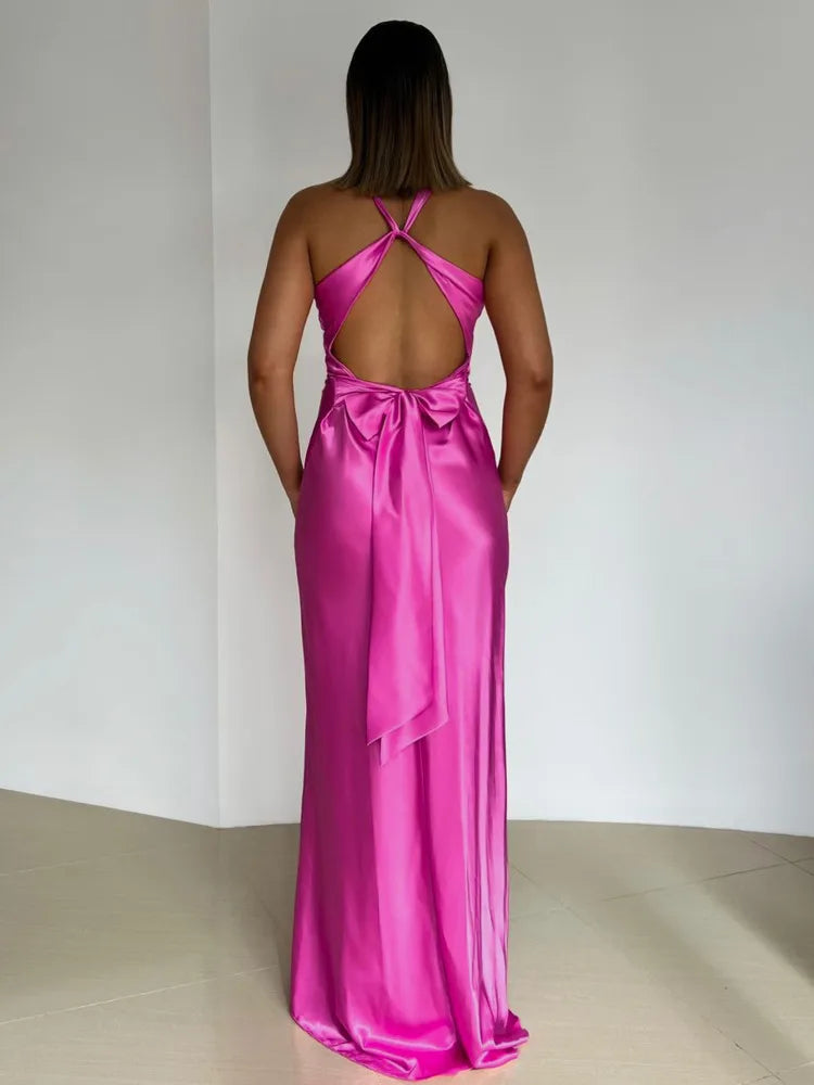 Elegant Sleeveless Satin Bodycon Deep V Backless Evening Dress