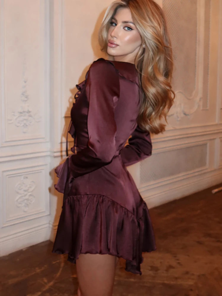 Deep V-neck Lace Up RuffleFlare Sleeve Mini Dress