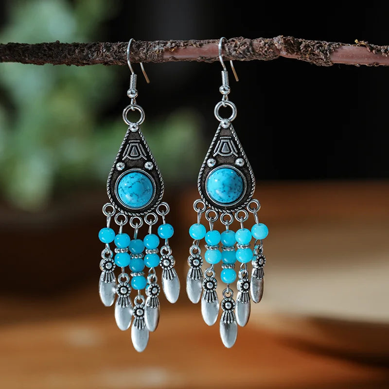 Bohemian Ethnic Long Blue Acrylic Crystal Water Drop Earrings