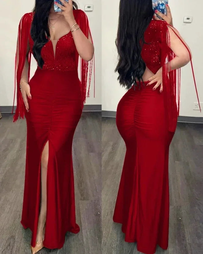 Fashion Rhinestone Cold Shoulder Slit Ruched Party Elegant Long Bodycon Dress