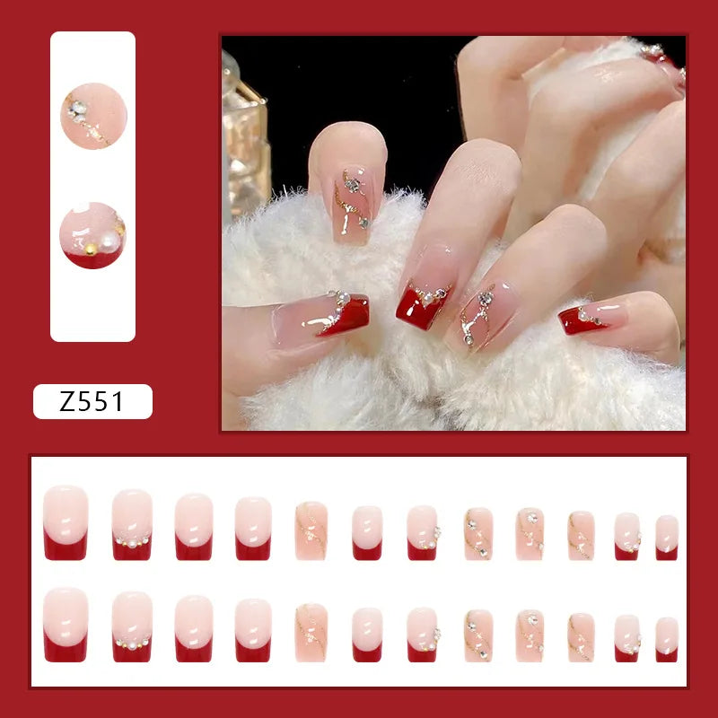 24pcs Artifical Nails Fake Wearable Nail Tips With Small Diamonds