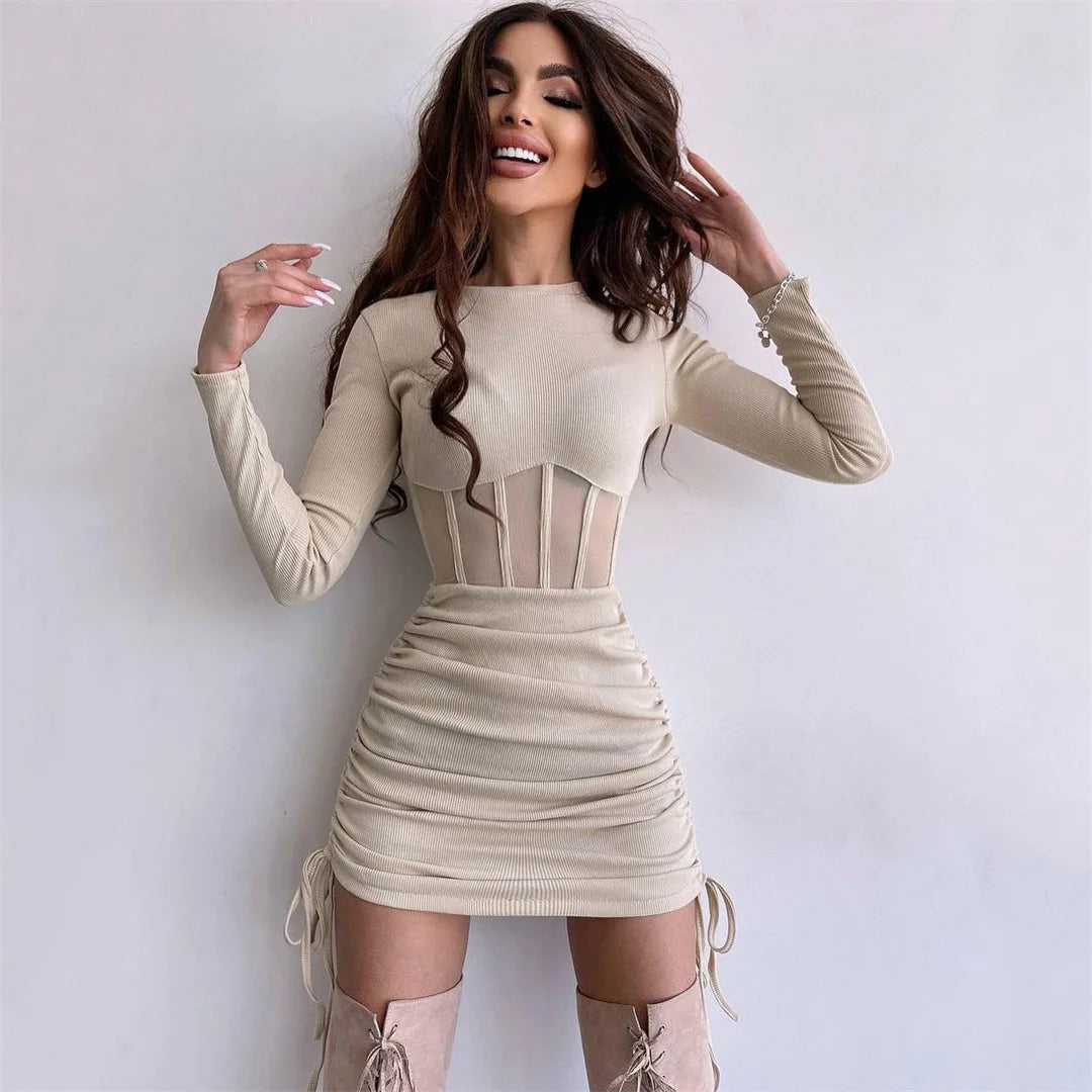 Shirring Mesh Hollow Out O Neck Long Sleeve Mini Bodycon Dress