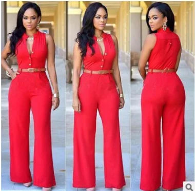 Sleeveless Single Breasted Button High Waist Wide Leg Jumpsuit