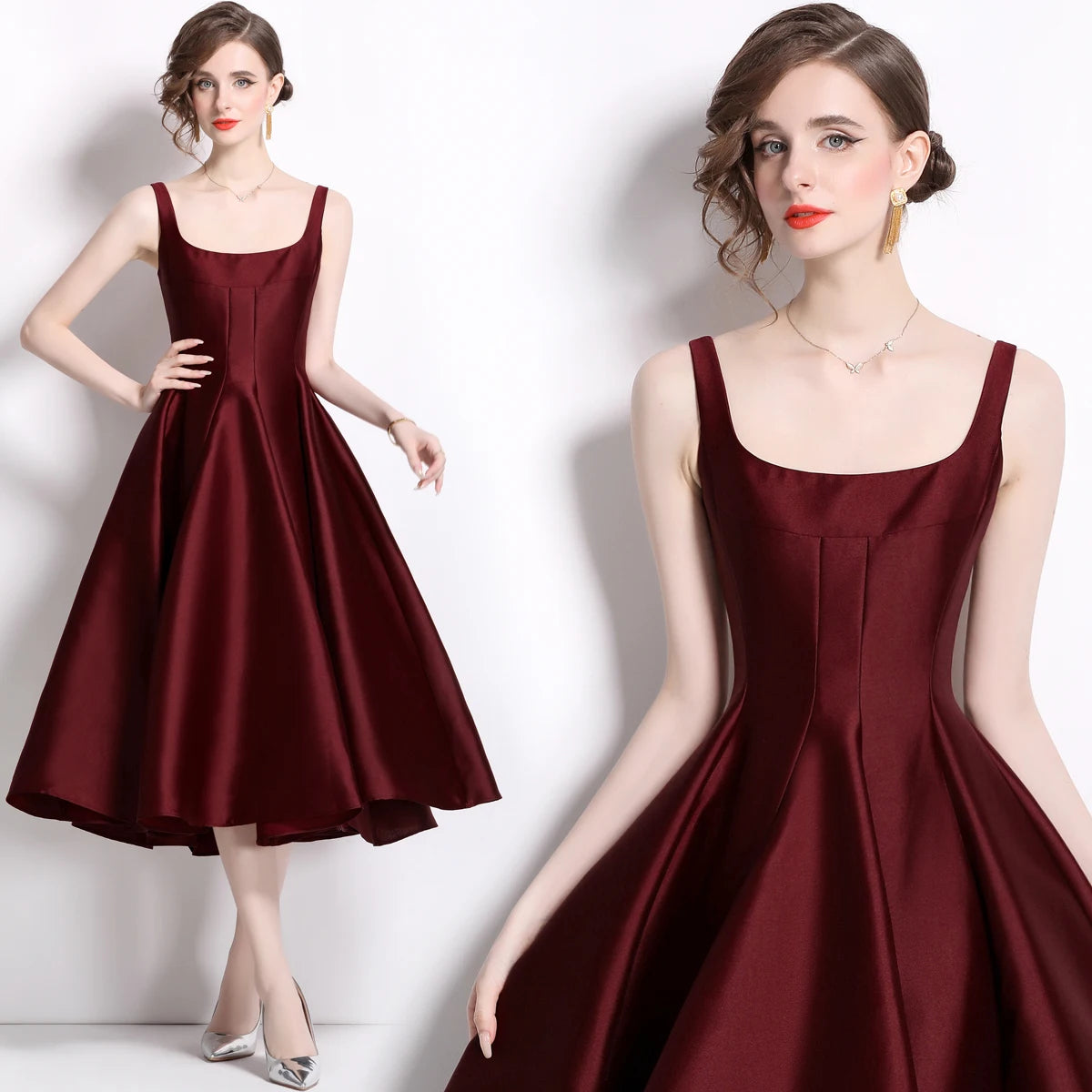 Hepburn Style Big Hem Drape Midi Long Pleated Strap Dress