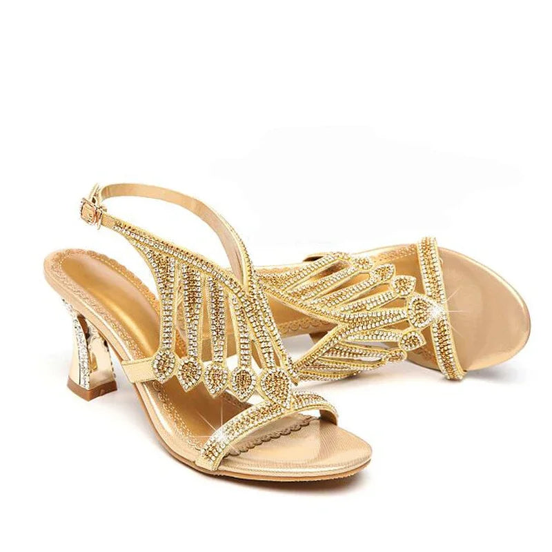 Summer Style Gold Coloured Rhinestone  High Heeled Sandals