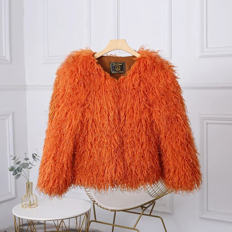 Women's Winter 2025 Fashion Luxury Cropped Faux Fur Coat