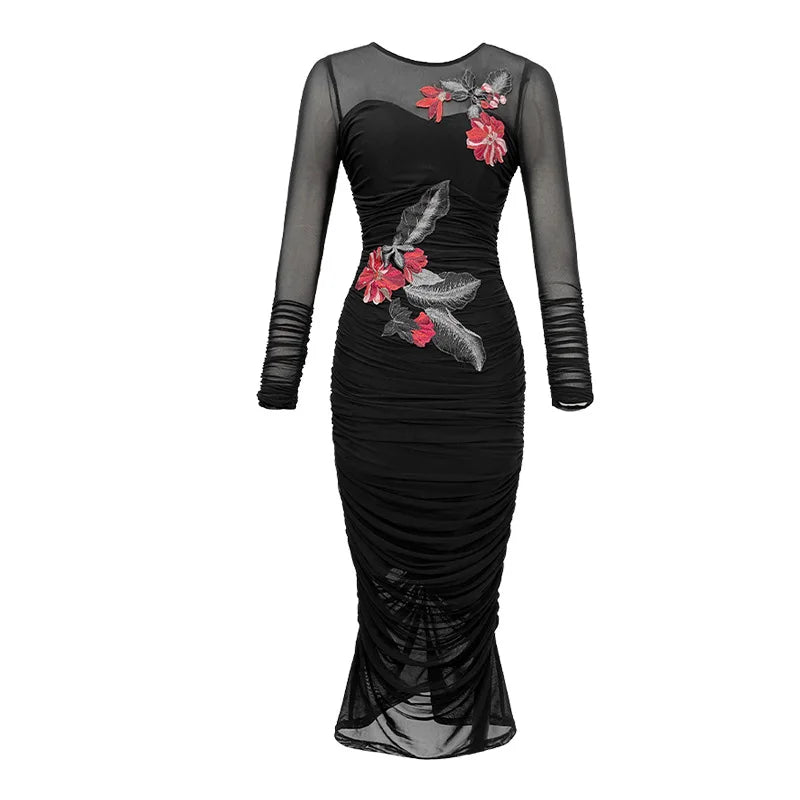 Autumn and Winter Embroidery Mesh Slim Dress