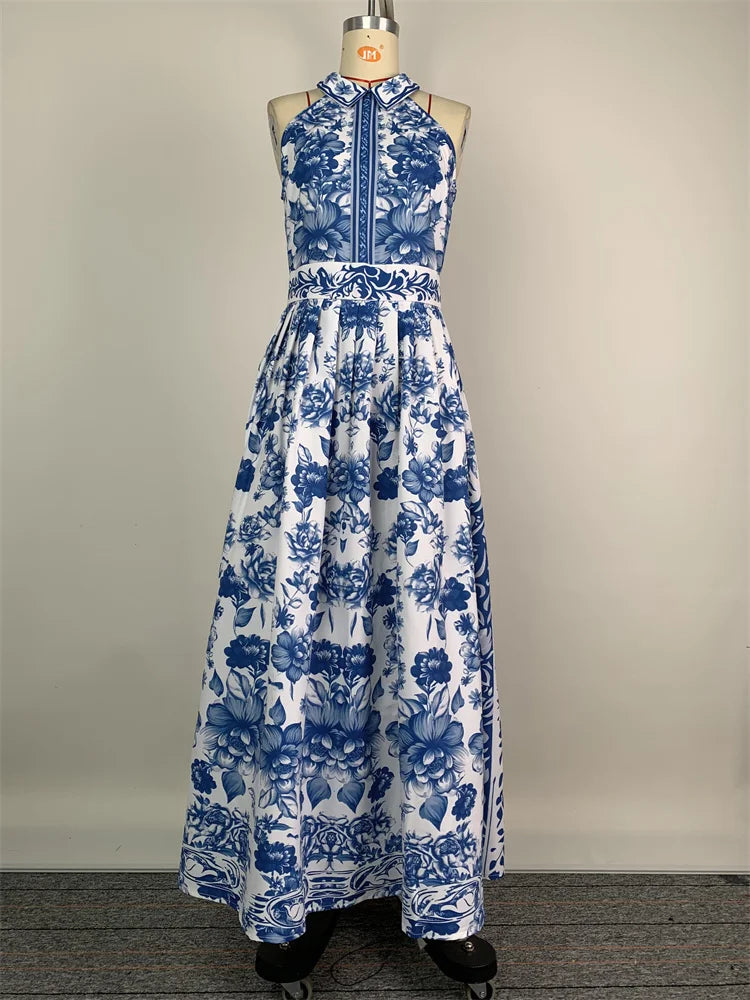 2024 Summer Sleeveless Vintage Blue Flower Printed Lapel A-Line Dress