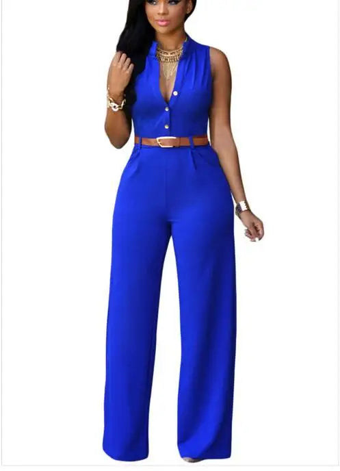 Sleeveless Single Breasted Button High Waist Wide Leg Jumpsuit