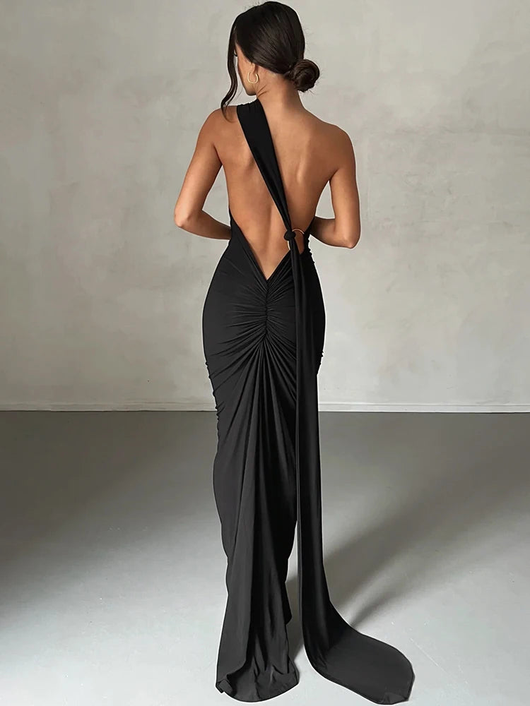 One Shoulder Backless Adjustable Scarf Loop Ruched Sexy Maxi Dress