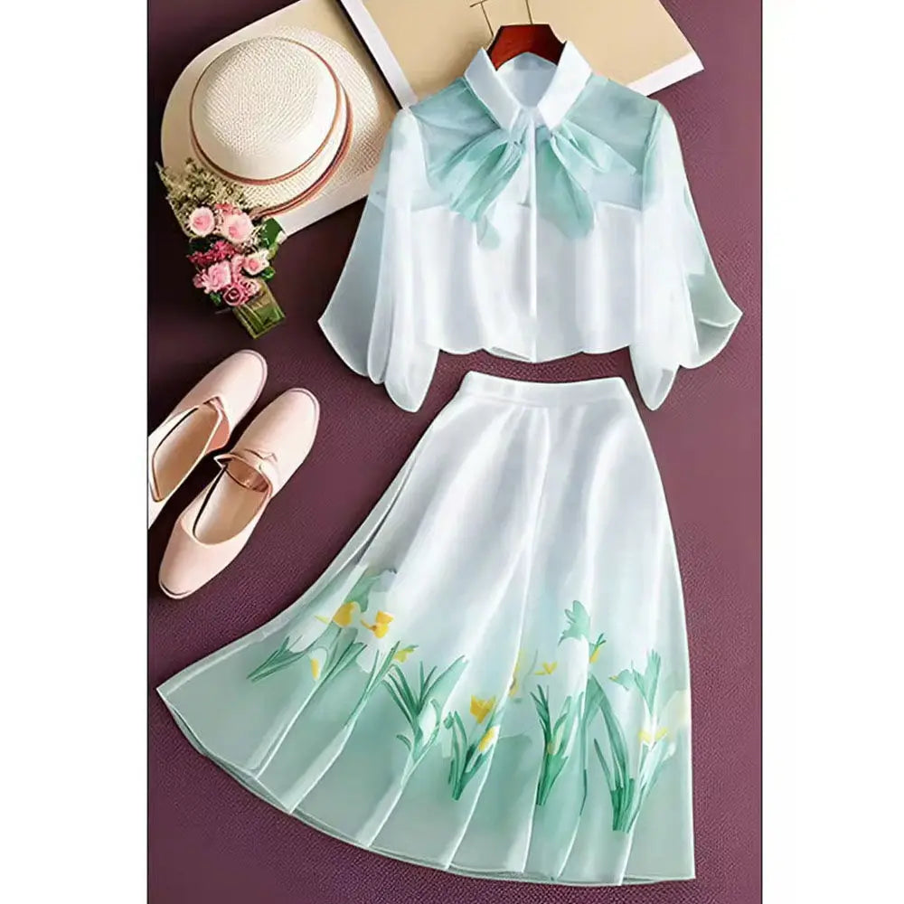 Short Sleeve Print Chiffon Tops Floral Skirts Two Piece Sets